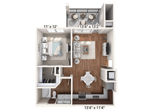 Floor plan for 1 bed, 1 bath, 657 sqft